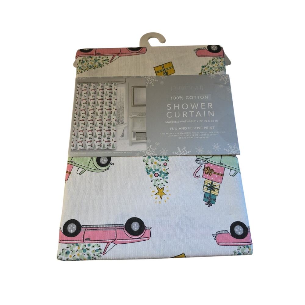 Pink Truck CHRISTMAS HOLIDAY Cotton Shower Curtain Farmhouse Bathroom 72”x 72”